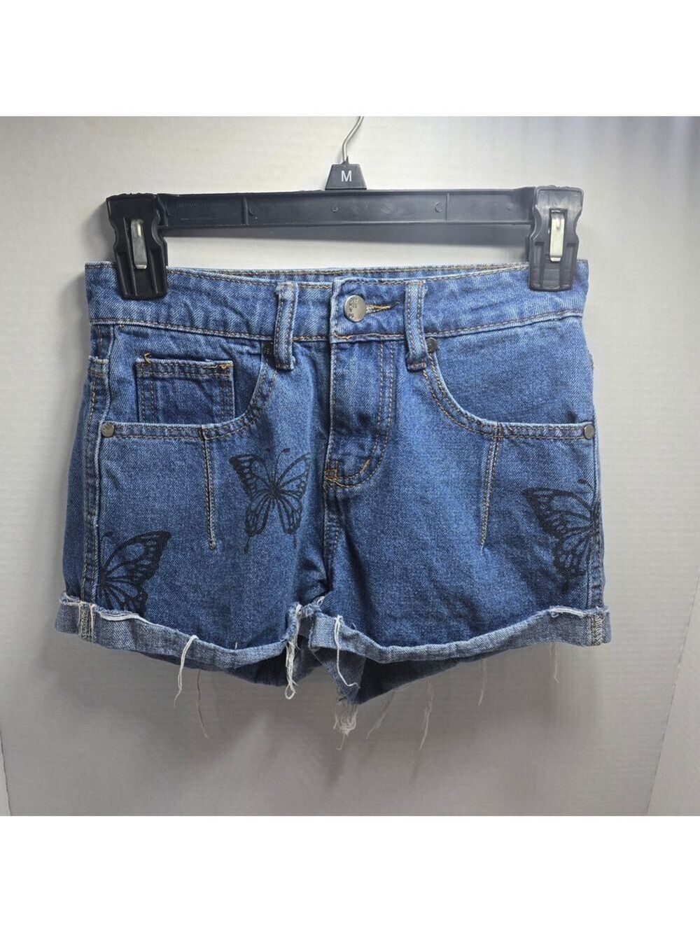 Women's Blue Denim Shorts with Butterfly Design
